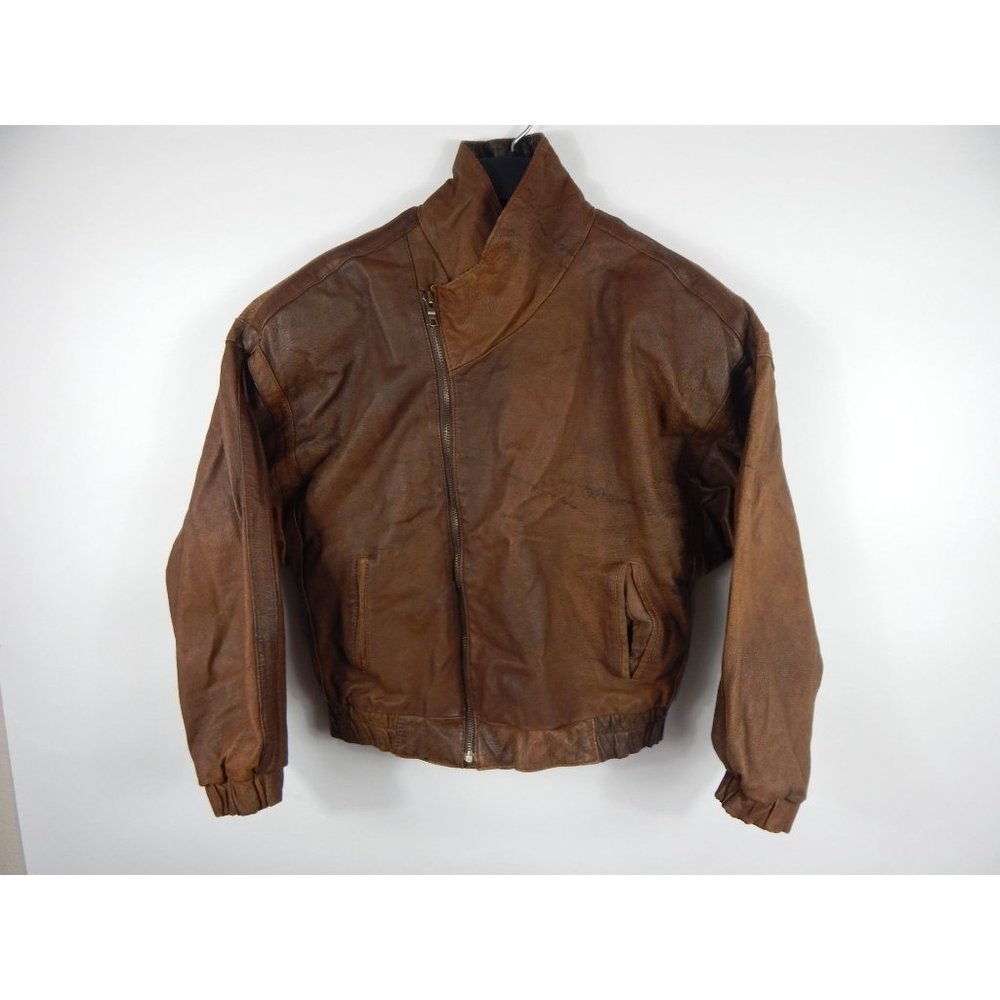 Vintage Midway Diagonal Full Zip Leather Biker Jacket Brown L D10